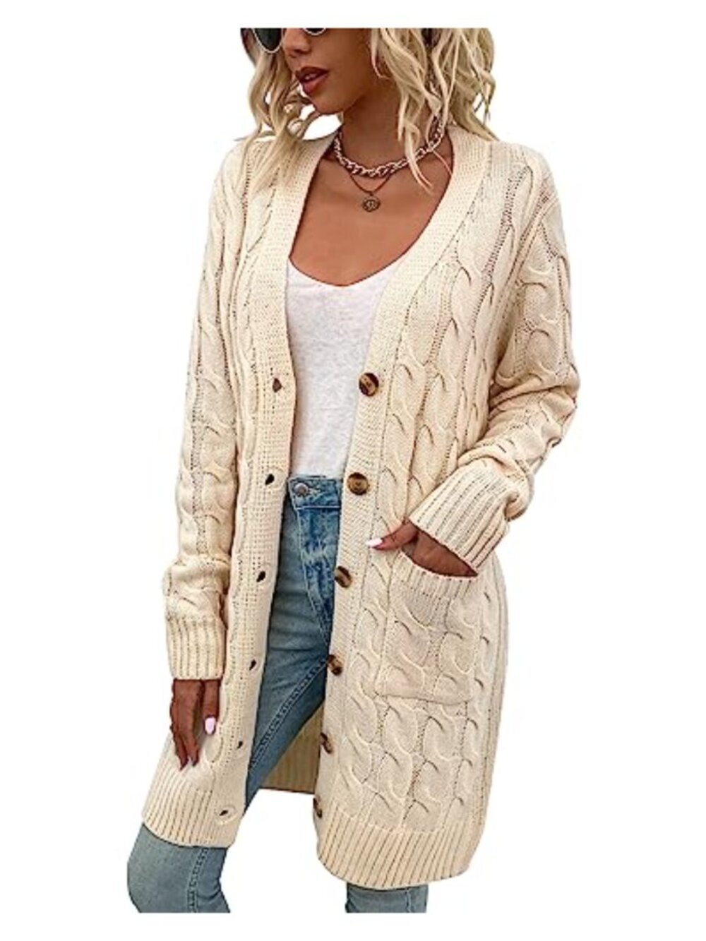 Womens Cable Knit Cardigan Long Sleeve Open Front Pocket Sweater